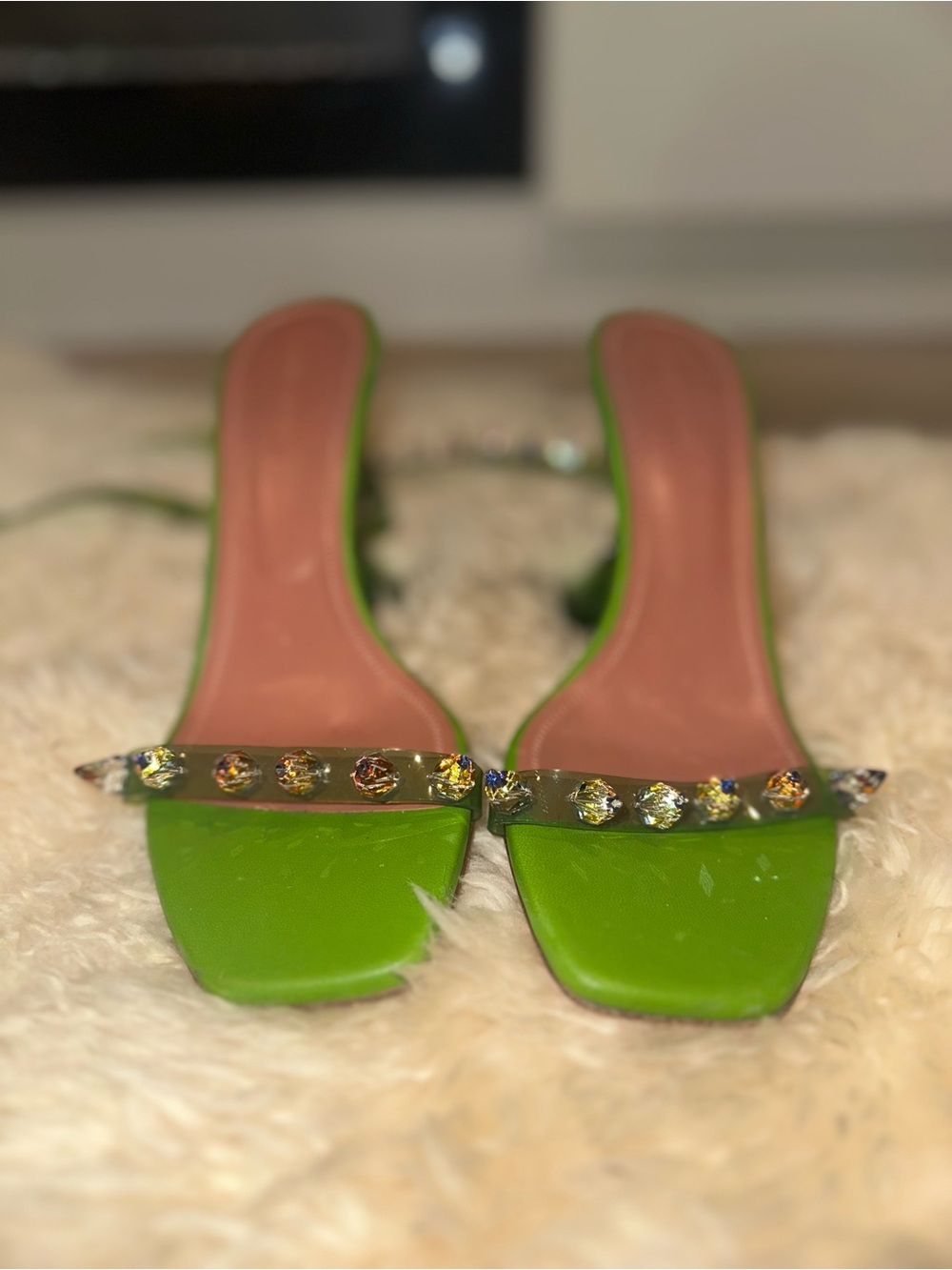 Amina Muaddi Neon Green Jeweled Slide Mules